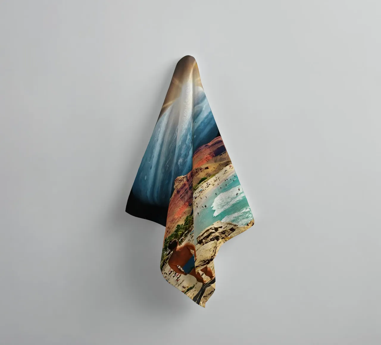 Surreal Cosmic Beach With Giant Planet and Retro Vibes towel by Cosmic Daydream Studio