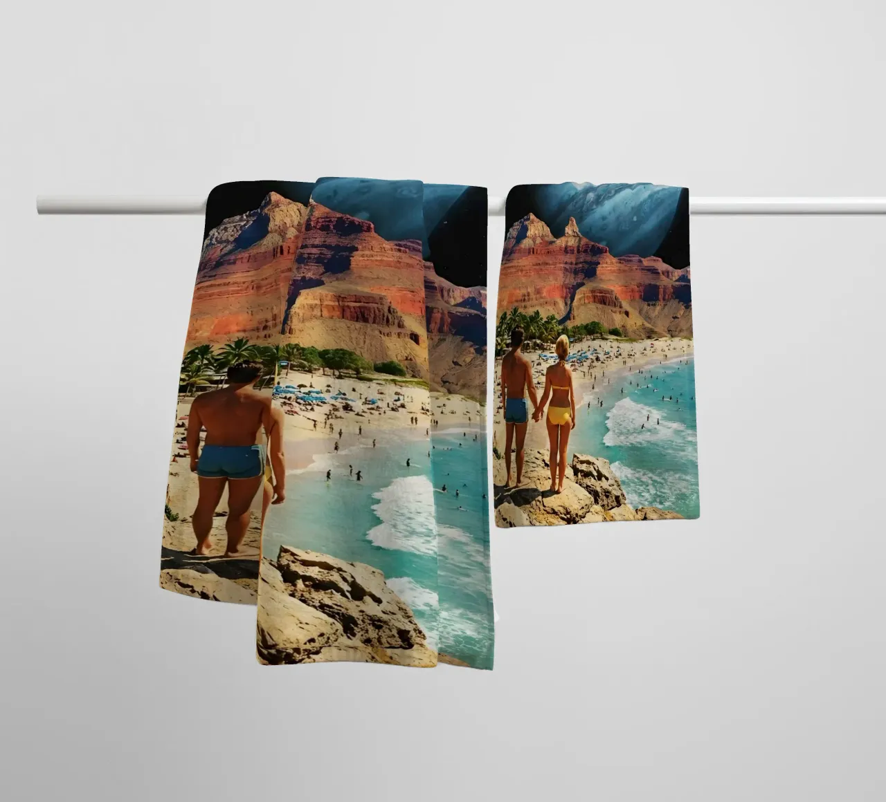 Surreal Cosmic Beach With Giant Planet and Retro Vibes towel by Cosmic Daydream Studio
