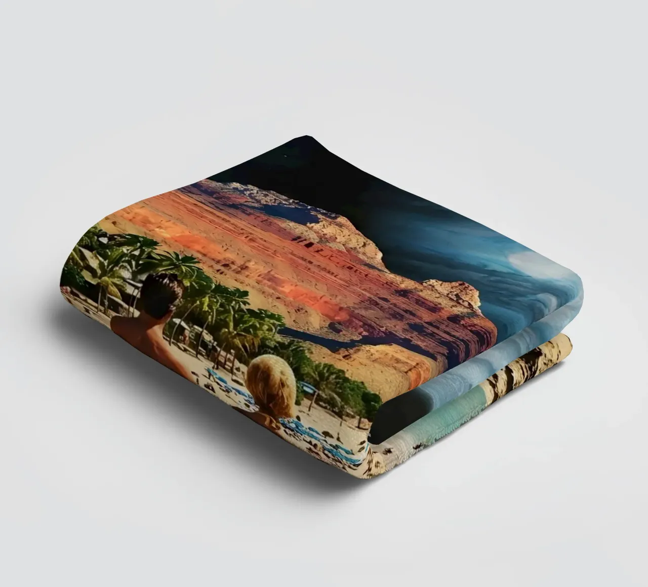 Surreal Cosmic Beach With Giant Planet and Retro Vibes towel by Cosmic Daydream Studio