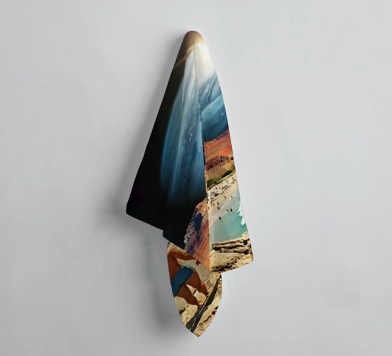 Surreal Cosmic Beach With Giant Planet and Retro Vibes towel by Cosmic Daydream Studio