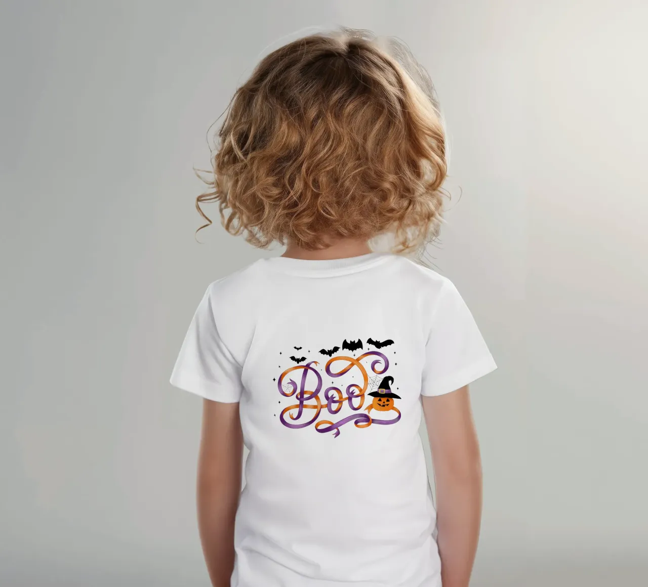 Halloween Boo. Pumpkin, bats, moon and spider webs kids t-shirt by CalliLetters