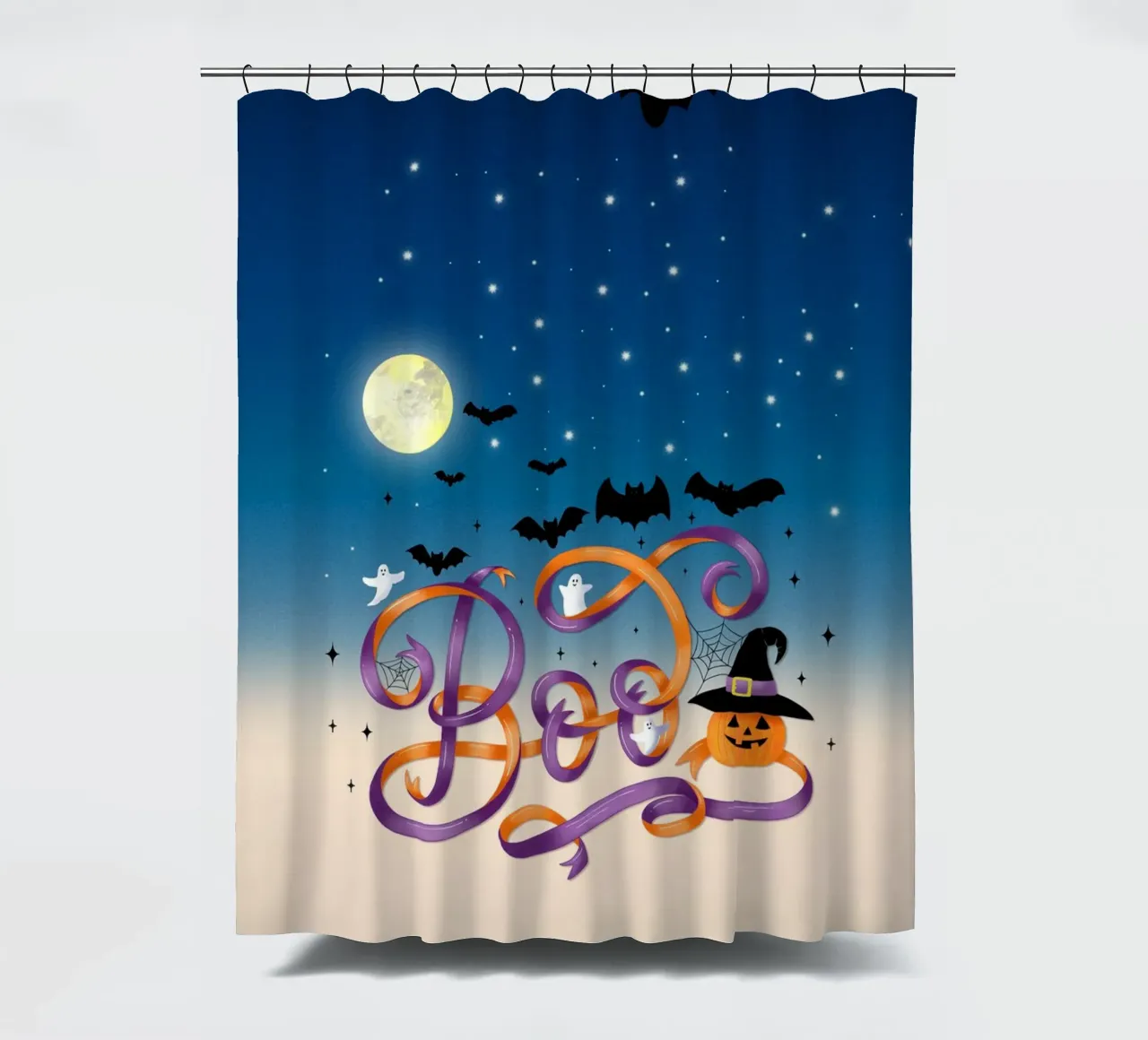 Halloween Boo. Pumpkin, bats, moon and spider webs shower curtain by CalliLetters
