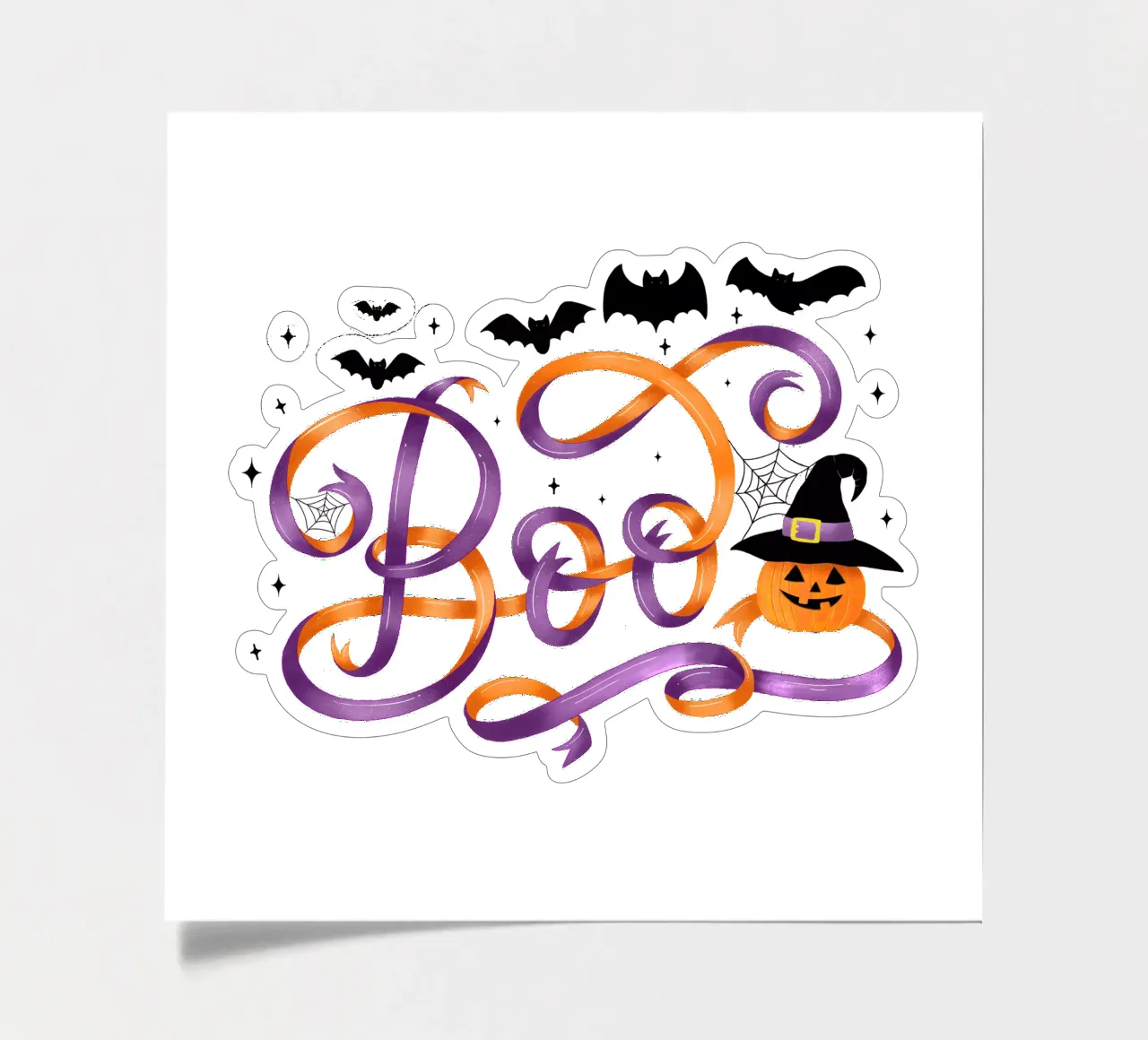 Halloween Boe. Pompoen, vleermuizen, maan en spinnenwebben stickervel van CalliLetters