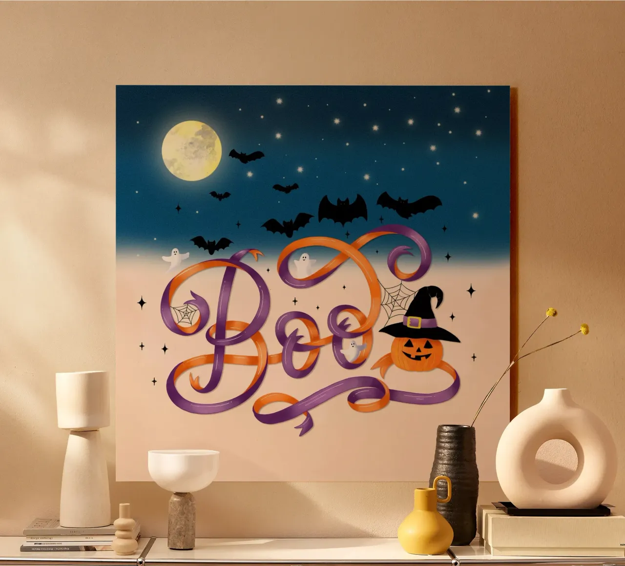 Halloween Boo. Zucca, pipistrelli, luna e ragnatele alluminio dibond da CalliLetters