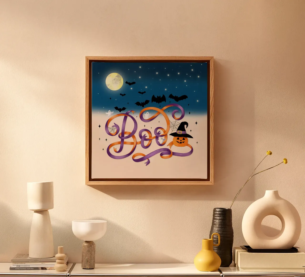 Halloween Boo. Pumpkin, bats, moon and spider webs canvas with Floater frame by CalliLetters