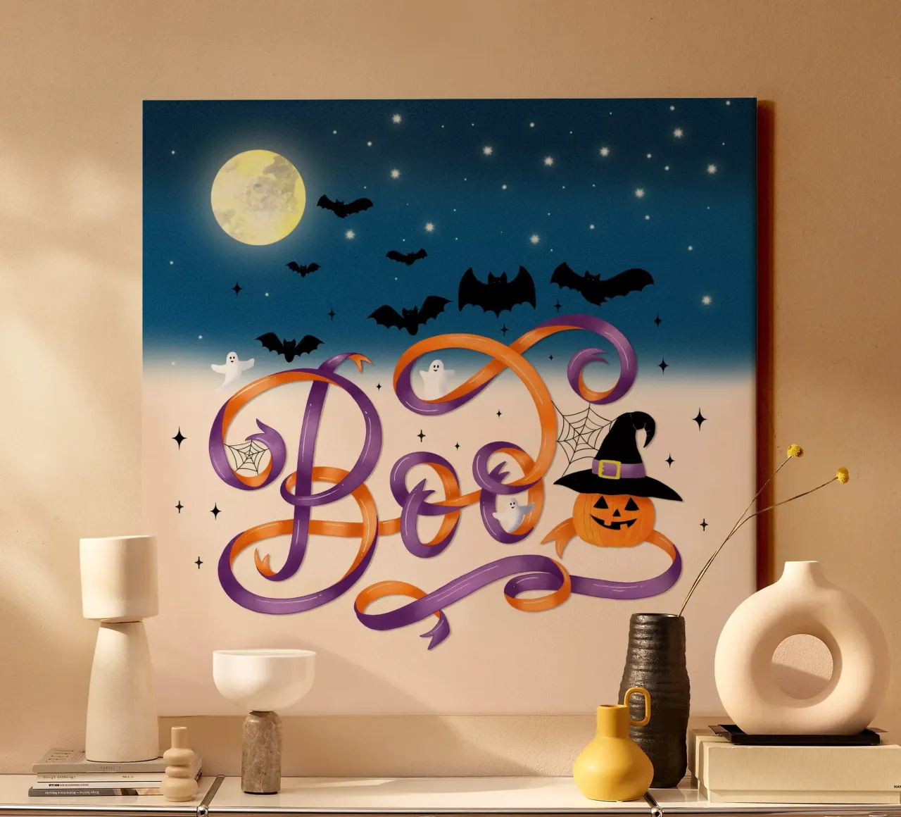 Halloween Boo. Pumpkin, bats, moon and spider webs canvas with Floater frame by CalliLetters