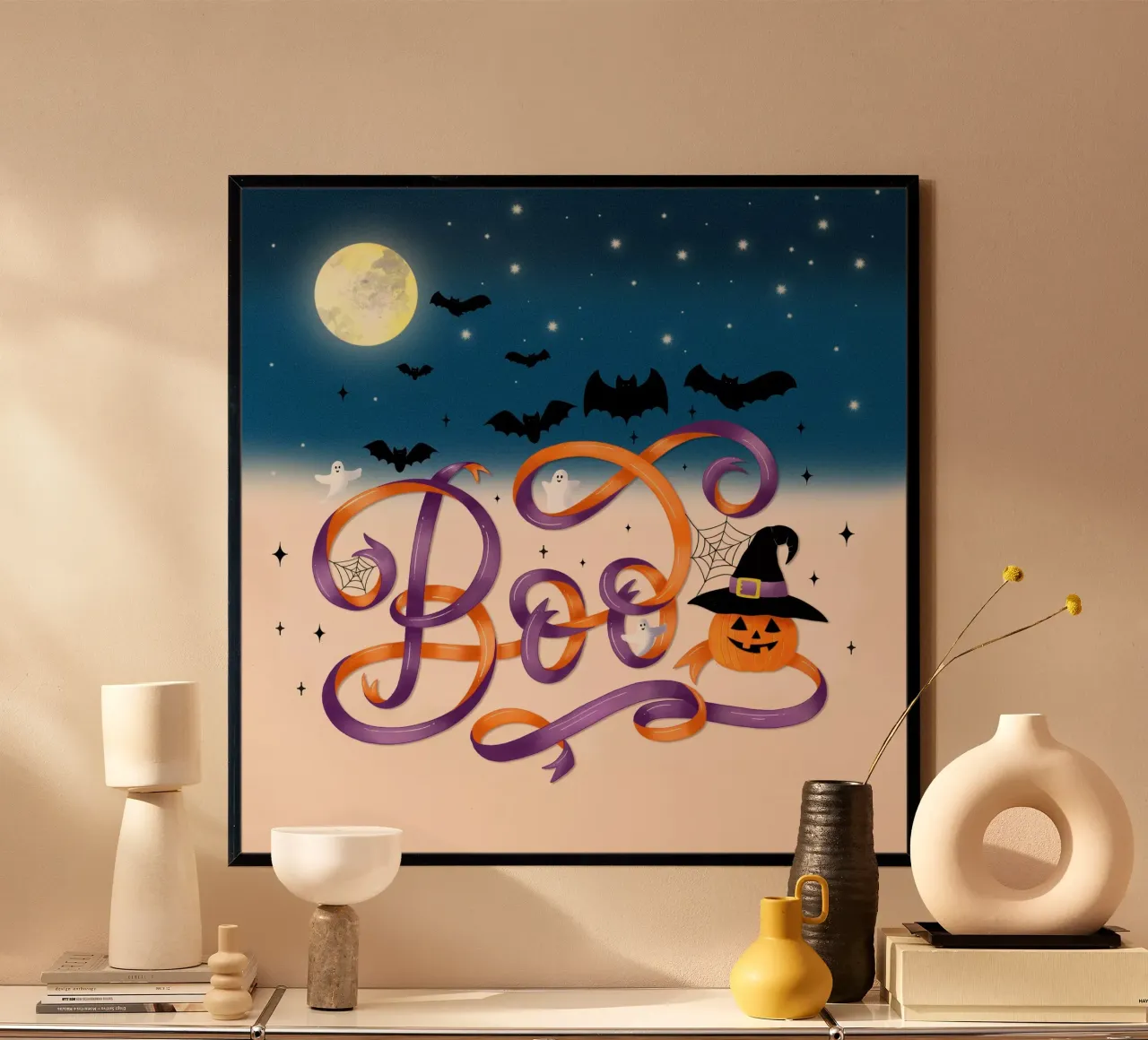 Halloween Boo. Citrouille, chauve-souris, lune et toile d'araignée hahnemühle de CalliLetters