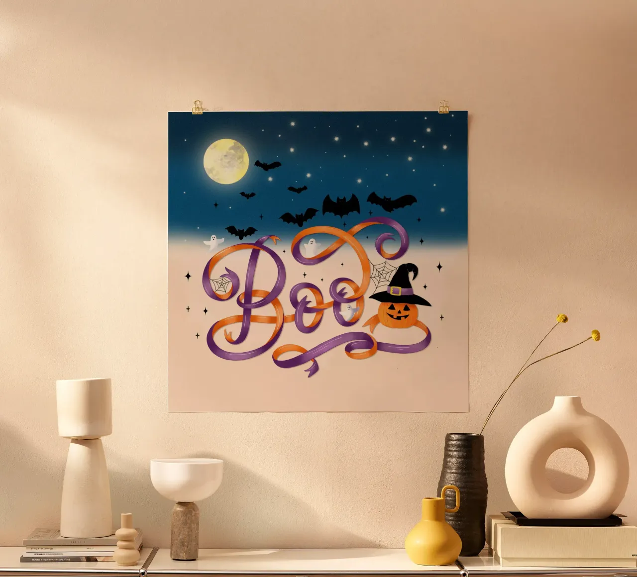 Halloween Boo. Citrouille, chauve-souris, lune et toile d'araignée hahnemühle de CalliLetters
