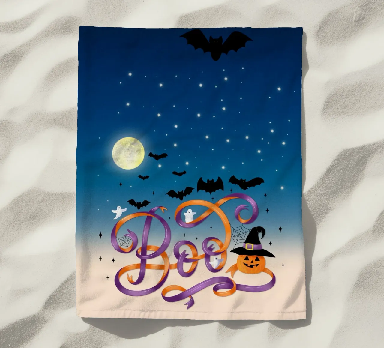 Halloween Boo. Zucca, pipistrelli, luna e ragnatele telo mare da CalliLetters