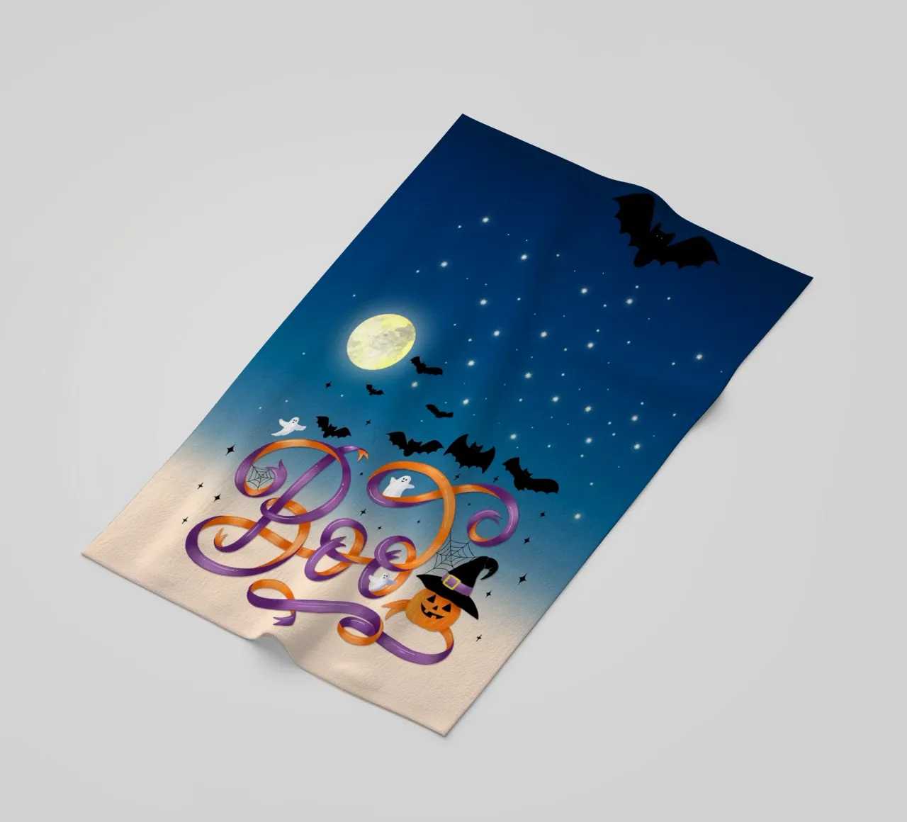 Halloween Boo. Zucca, pipistrelli, luna e ragnatele telo mare da CalliLetters