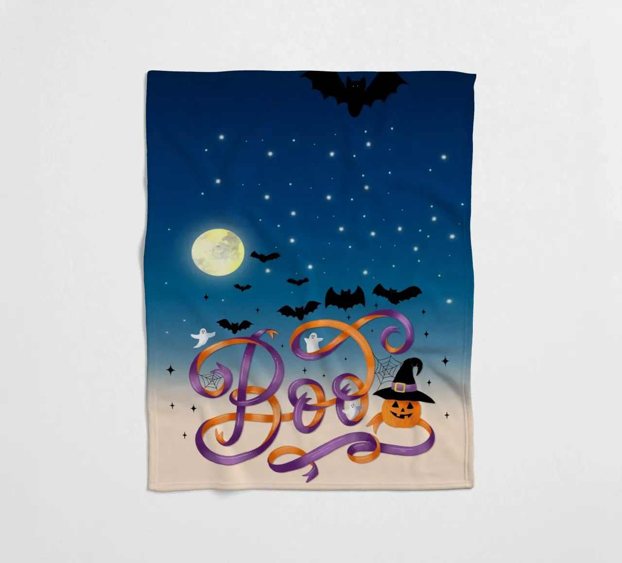 Halloween Boo. Pumpkin, bats, moon and spider webs fleece blanket by CalliLetters