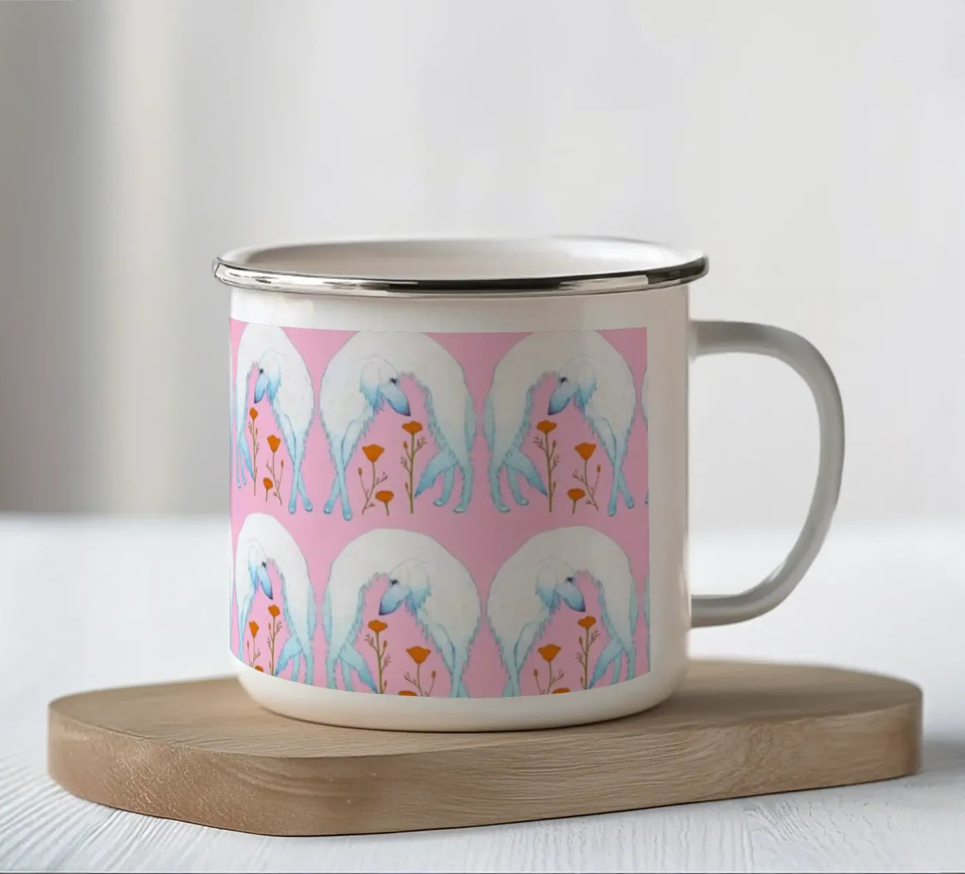 Borzoi pattern enamel mug by Natalie Foss