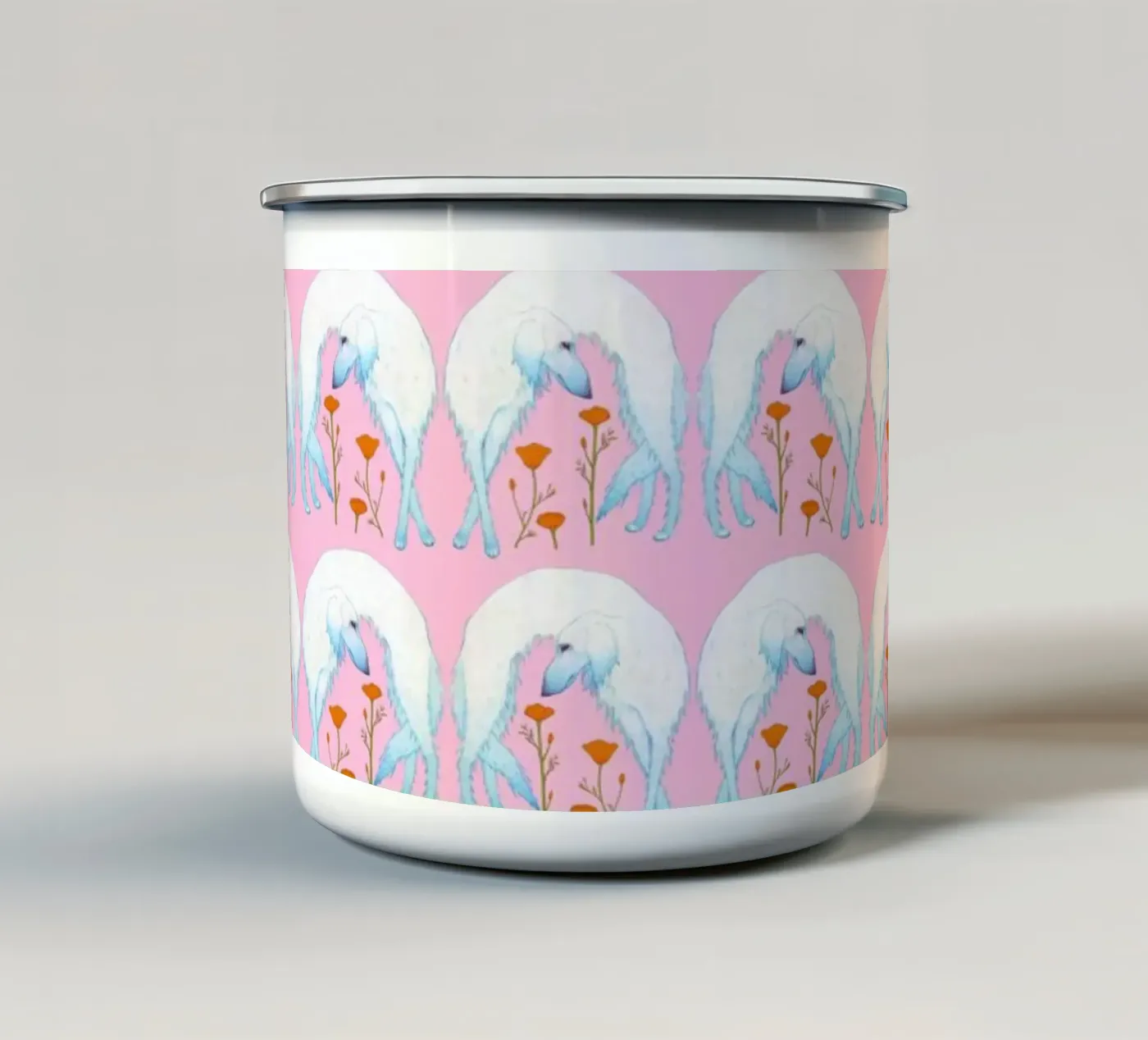 Borzoi pattern enamel mug by Natalie Foss