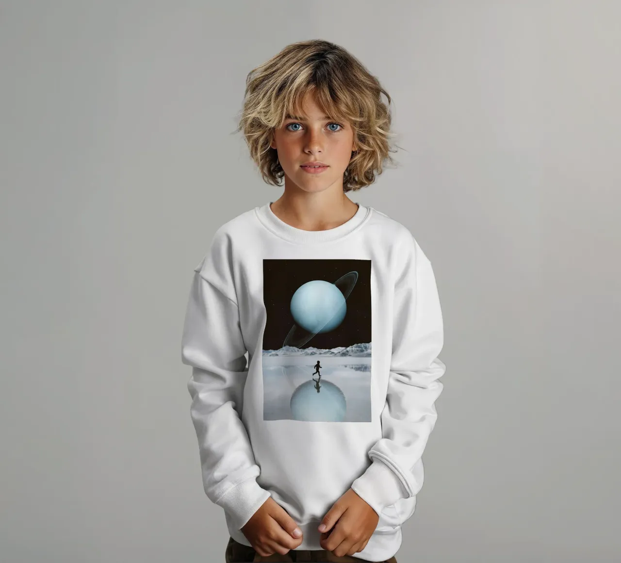 Correre sotto Saturno - Arte surreale del riflesso del pianeta felpa bambino da Cosmic Daydream Studio