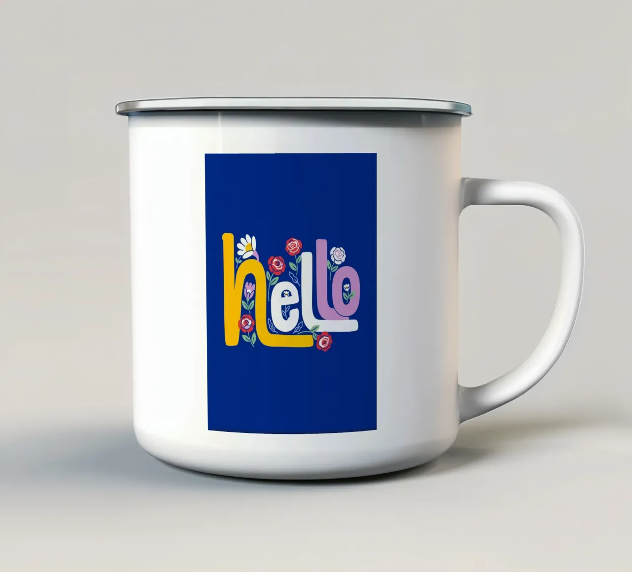 Arte floreale Groovy "Hello" scritta a mano tazza in smalto da Bold Type Co.