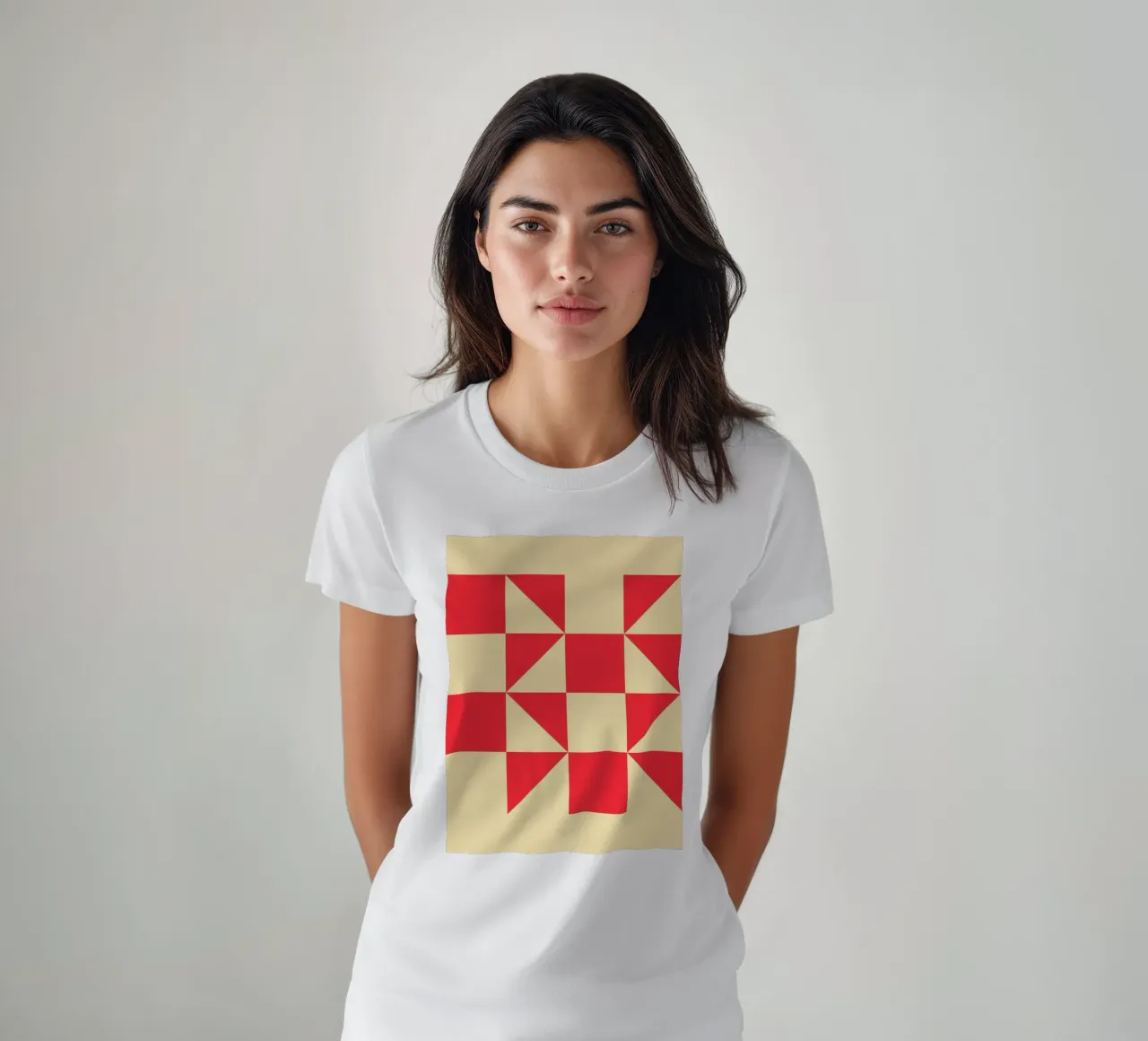 Abstract Bauhaus triangular pattern in red and cream t-shirt by Casa Vibes