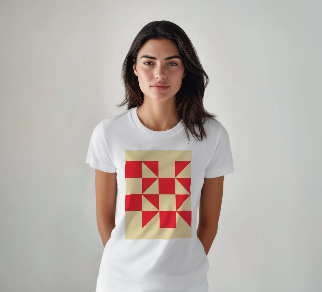Abstract Bauhaus triangular pattern in red and cream t-shirt by Casa Vibes