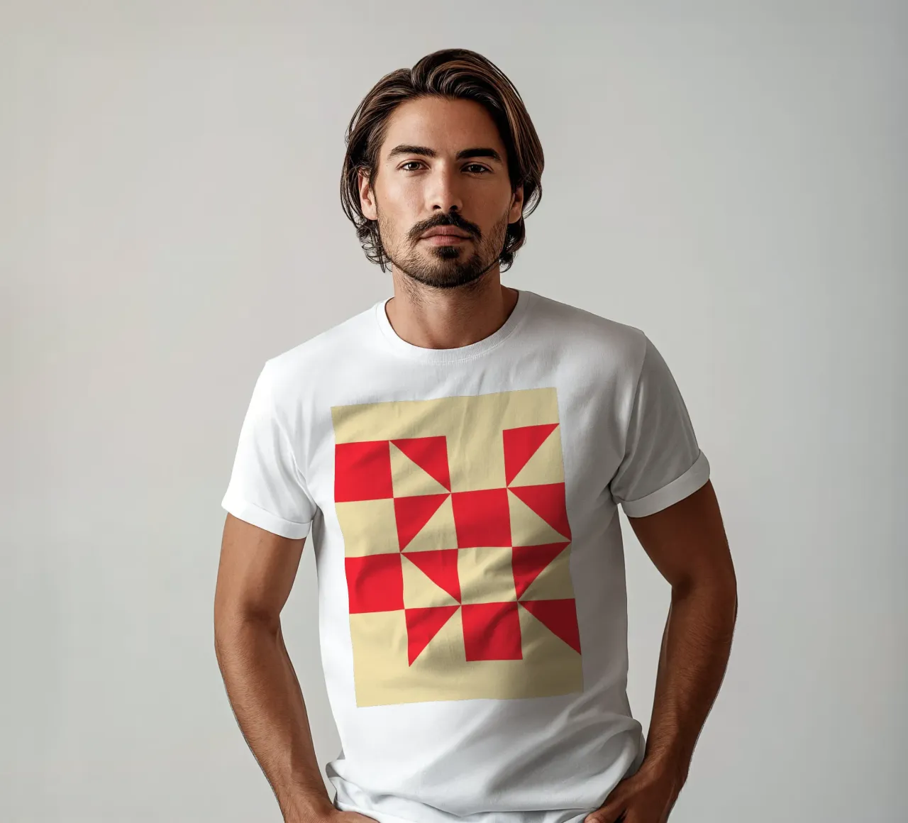 Abstract Bauhaus triangular pattern in red and cream t-shirt by Casa Vibes