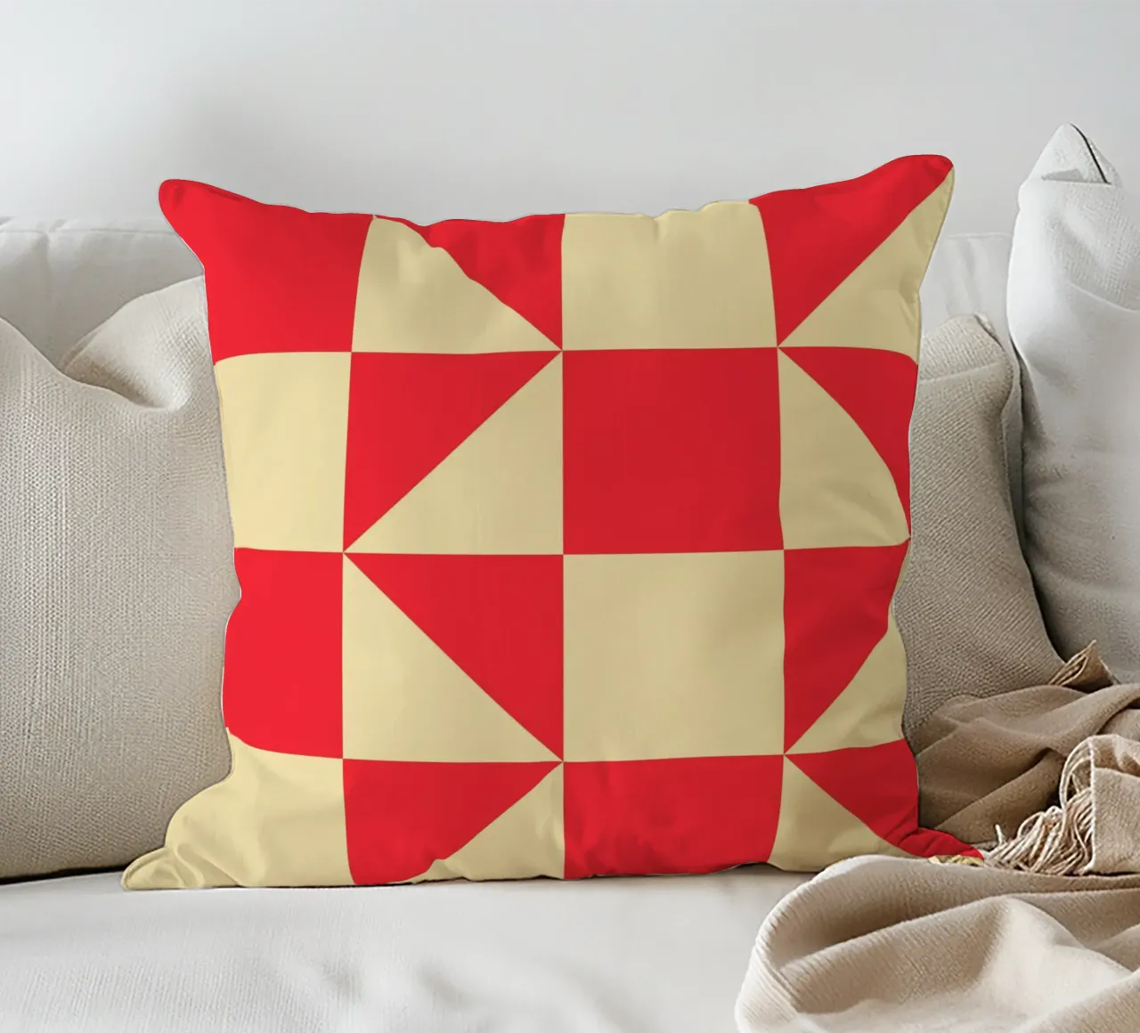 Abstract Bauhaus triangular pattern in red and cream decorative cushion by Casa Vibes