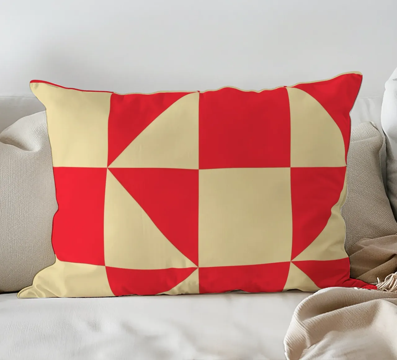 Abstract Bauhaus triangular pattern in red and cream decorative cushion by Casa Vibes