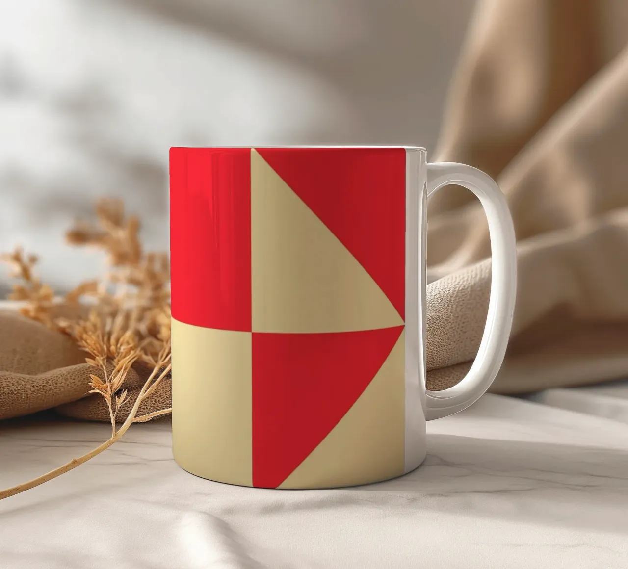 Abstract Bauhaus triangular pattern in red and cream ceramic mug by Casa Vibes