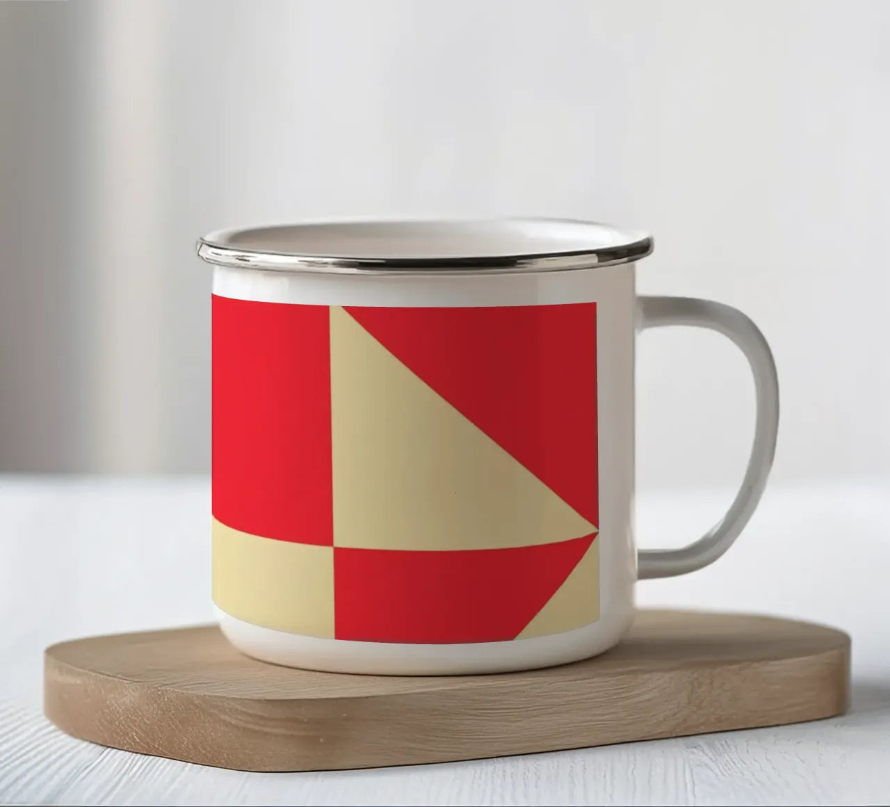 Abstract Bauhaus triangular pattern in red and cream enamel mug by Casa Vibes