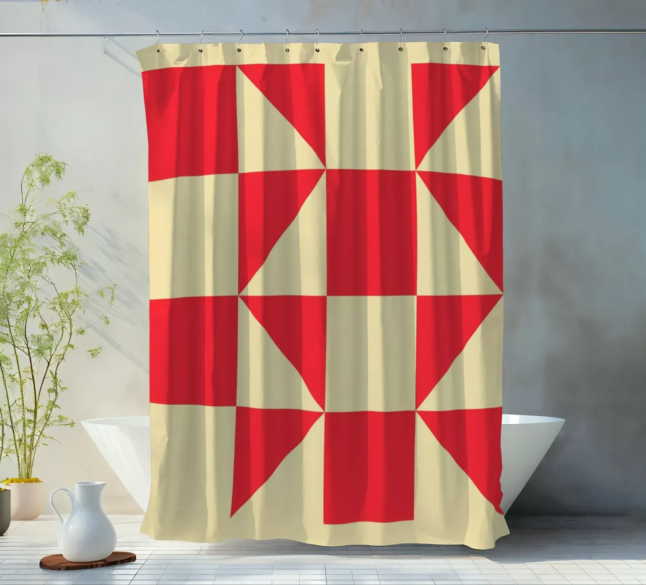 Abstraktes Bauhaus Dreiecksmuster in Rot und Creme Duschvorhang von Casa Vibes