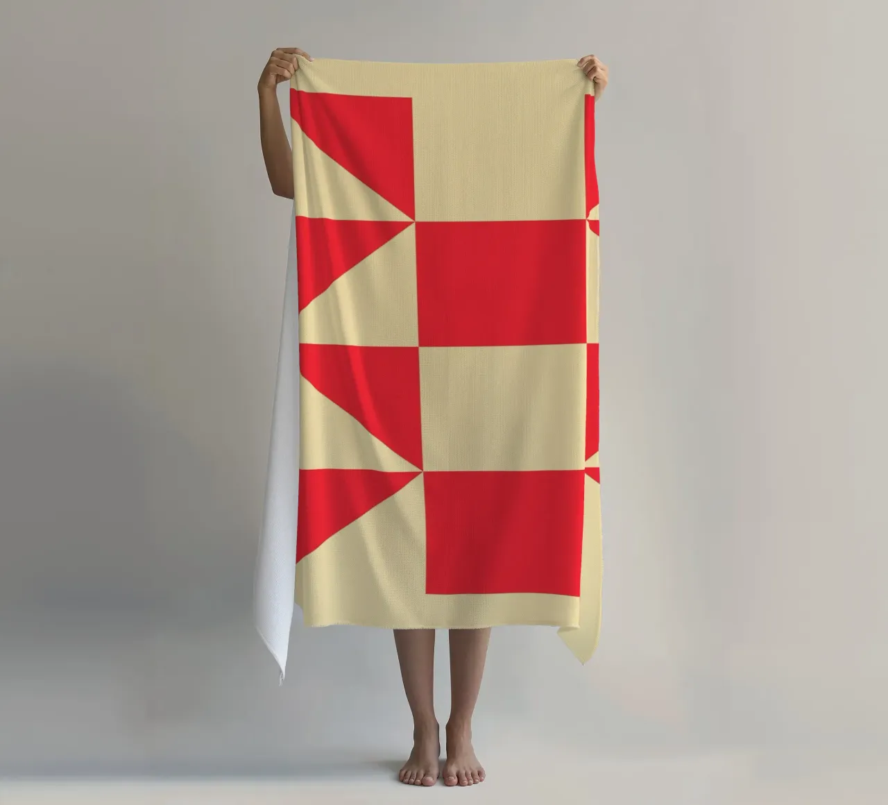 Abstract Bauhaus triangular pattern in red and cream beach towel by Casa Vibes