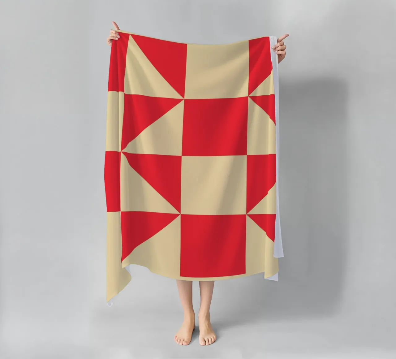 Abstract Bauhaus triangular pattern in red and cream beach towel by Casa Vibes