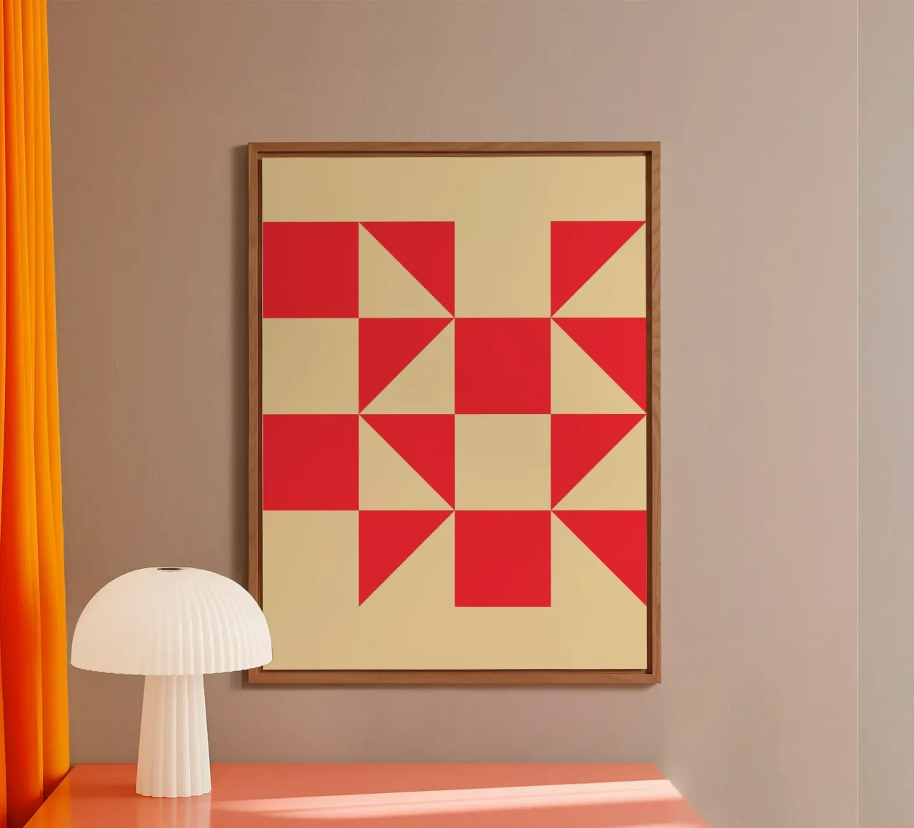 Abstract Bauhaus triangular pattern in red and cream alu-dibond by Casa Vibes