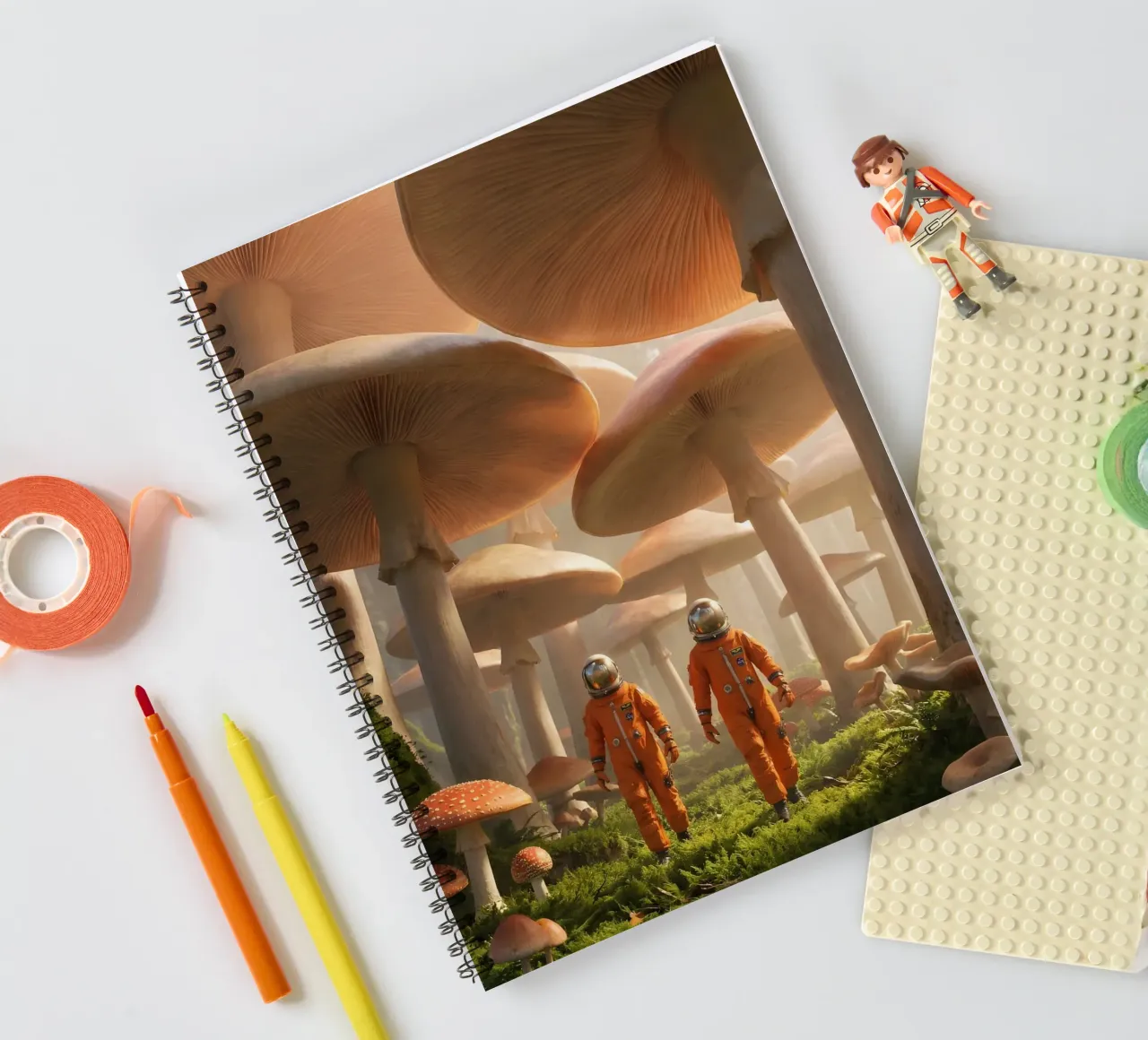 Astronauti in una foresta di funghi giganti - Arte fantascientifica surreale diario ad anelli da Cosmic Daydream Studio