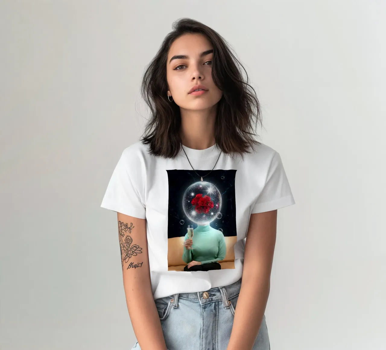 Surreal Rose Mind Bubble with Champagne Cosmic Art (bulle d'esprit surréaliste en rose avec art cosmique en champagne) t-shirt de Cosmic Reverie Creations