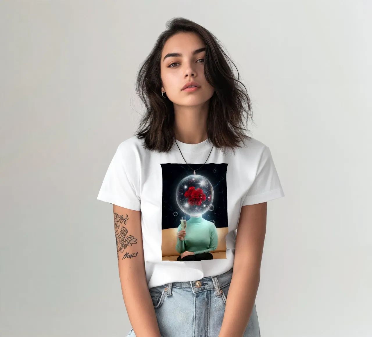 Surreal Rose Mind Bubble with Champagne Cosmic Art (bulle d'esprit surréaliste en rose avec art cosmique en champagne) t-shirt de Cosmic Reverie Creations
