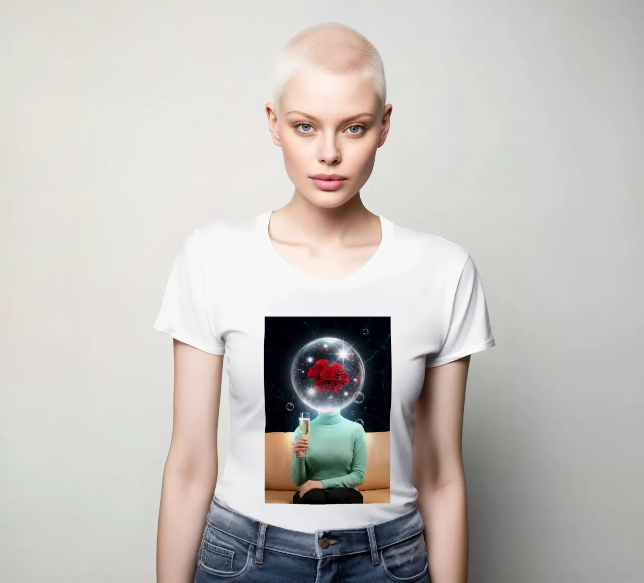 Surreal Rose Mind Bubble with Champagne Cosmic Art (bulle d'esprit surréaliste en rose avec art cosmique en champagne) t-shirt ajusté pour femmes de Cosmic Reverie Creations