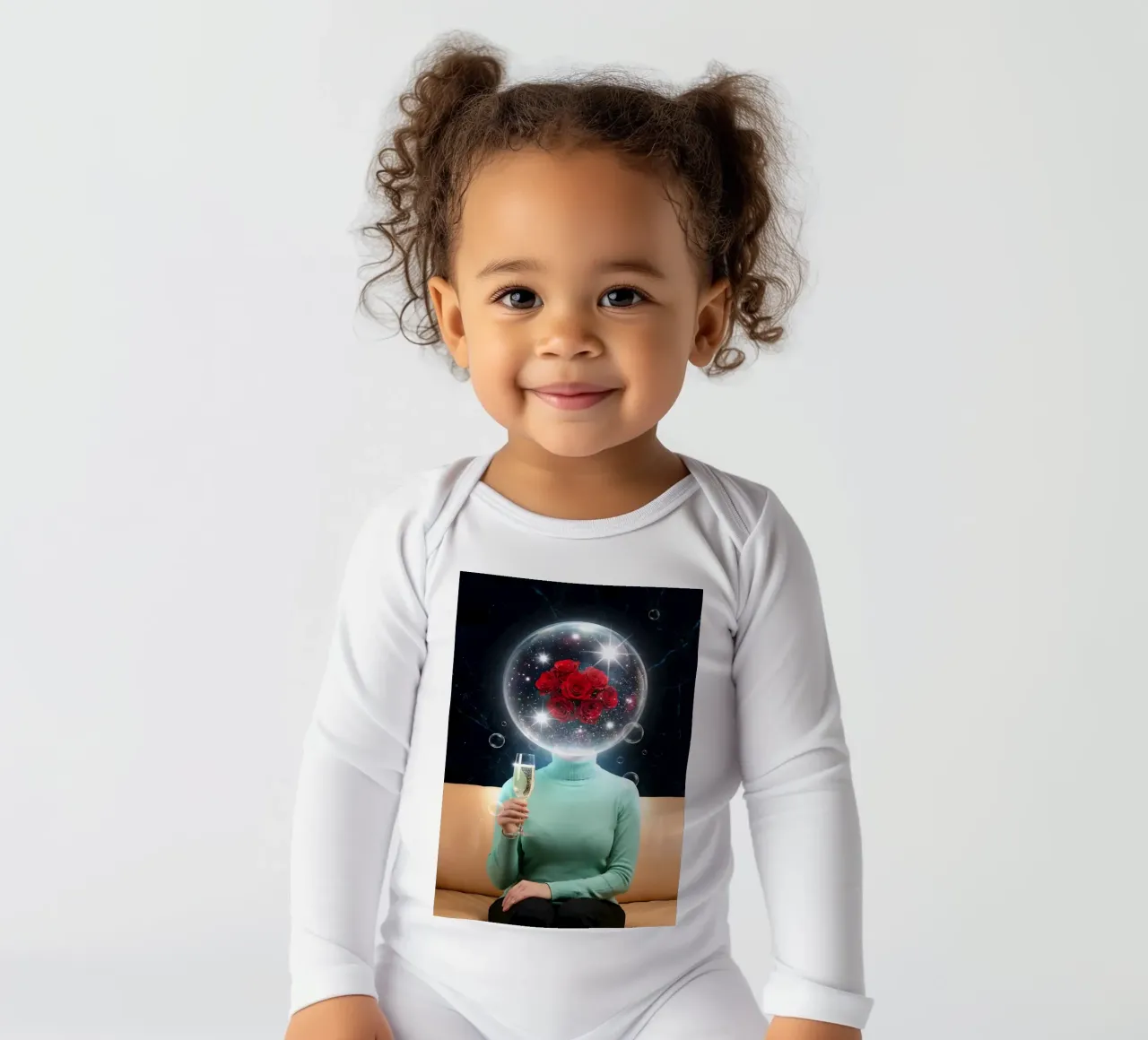 Surreal Rose Mind Bubble with Champagne Cosmic Art (bulle d'esprit surréaliste en rose avec art cosmique en champagne) body manches longues de Cosmic Reverie Creations