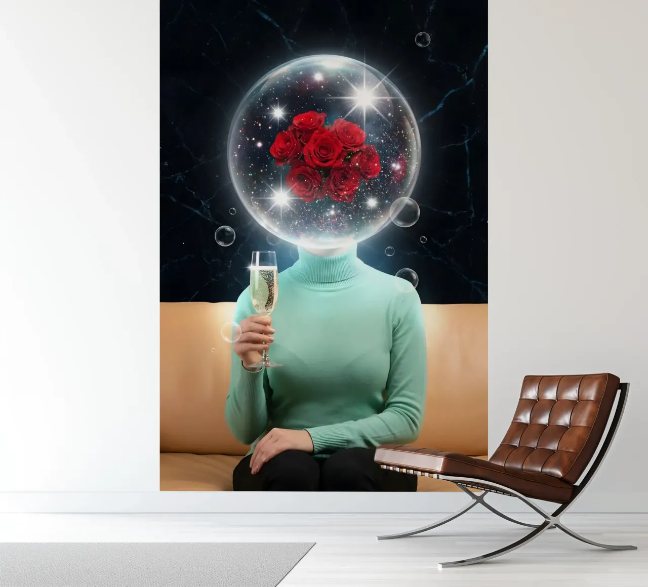 Surreal Rose Mind Bubble with Champagne Cosmic Art (bulle d'esprit surréaliste en rose avec art cosmique en champagne) papier peint photo de Cosmic Reverie Creations