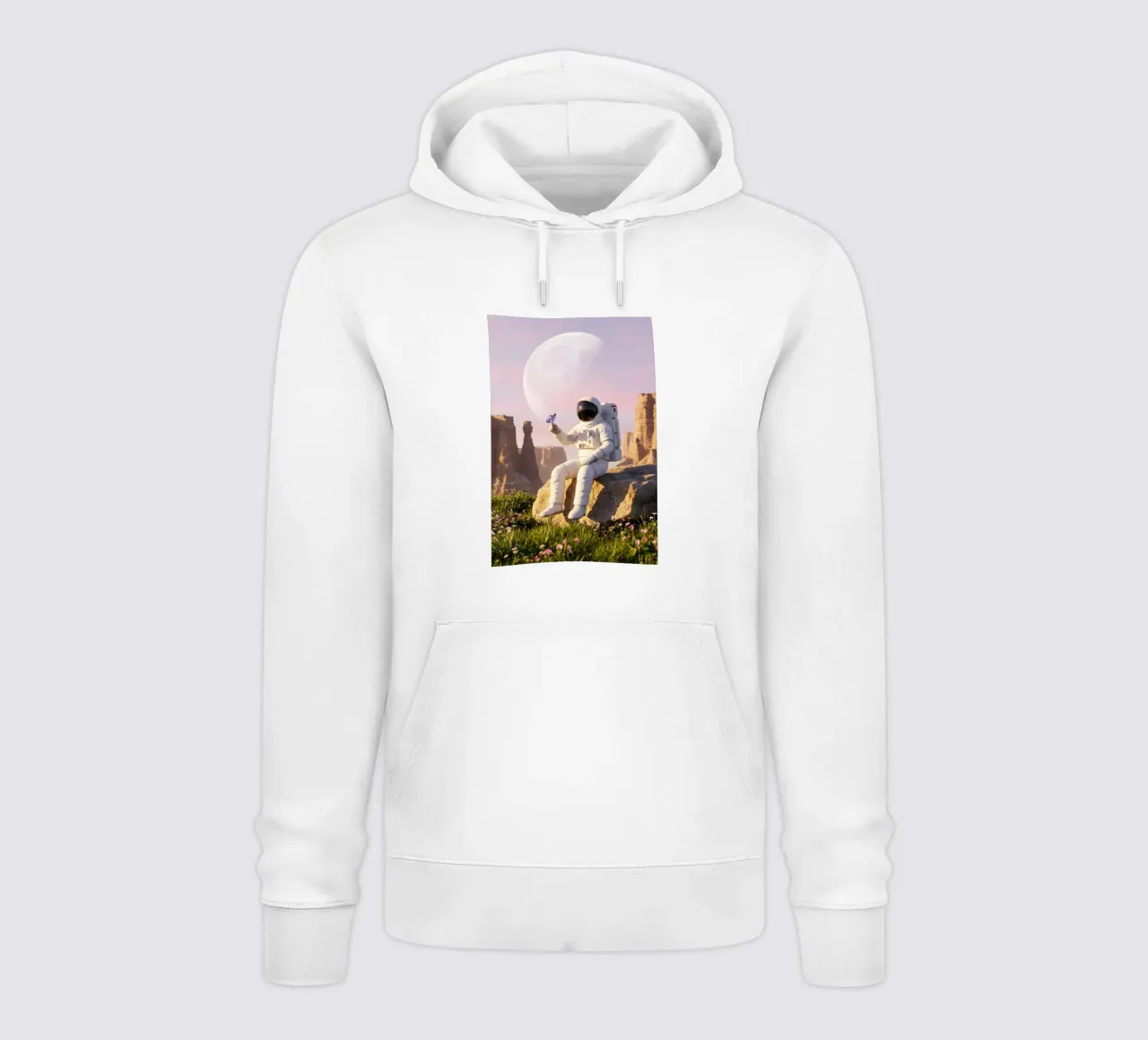 Astronauta con in mano una farfalla in un paesaggio alieno da sogno felpa con cappuccio da Cosmic Reverie Creations