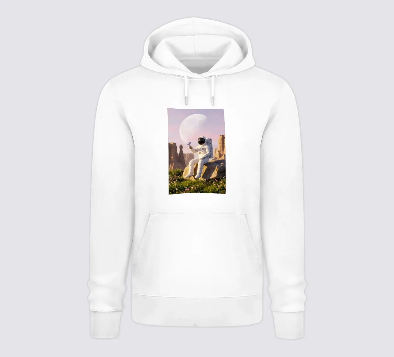 Astronauta con in mano una farfalla in un paesaggio alieno da sogno felpa con cappuccio da Cosmic Reverie Creations
