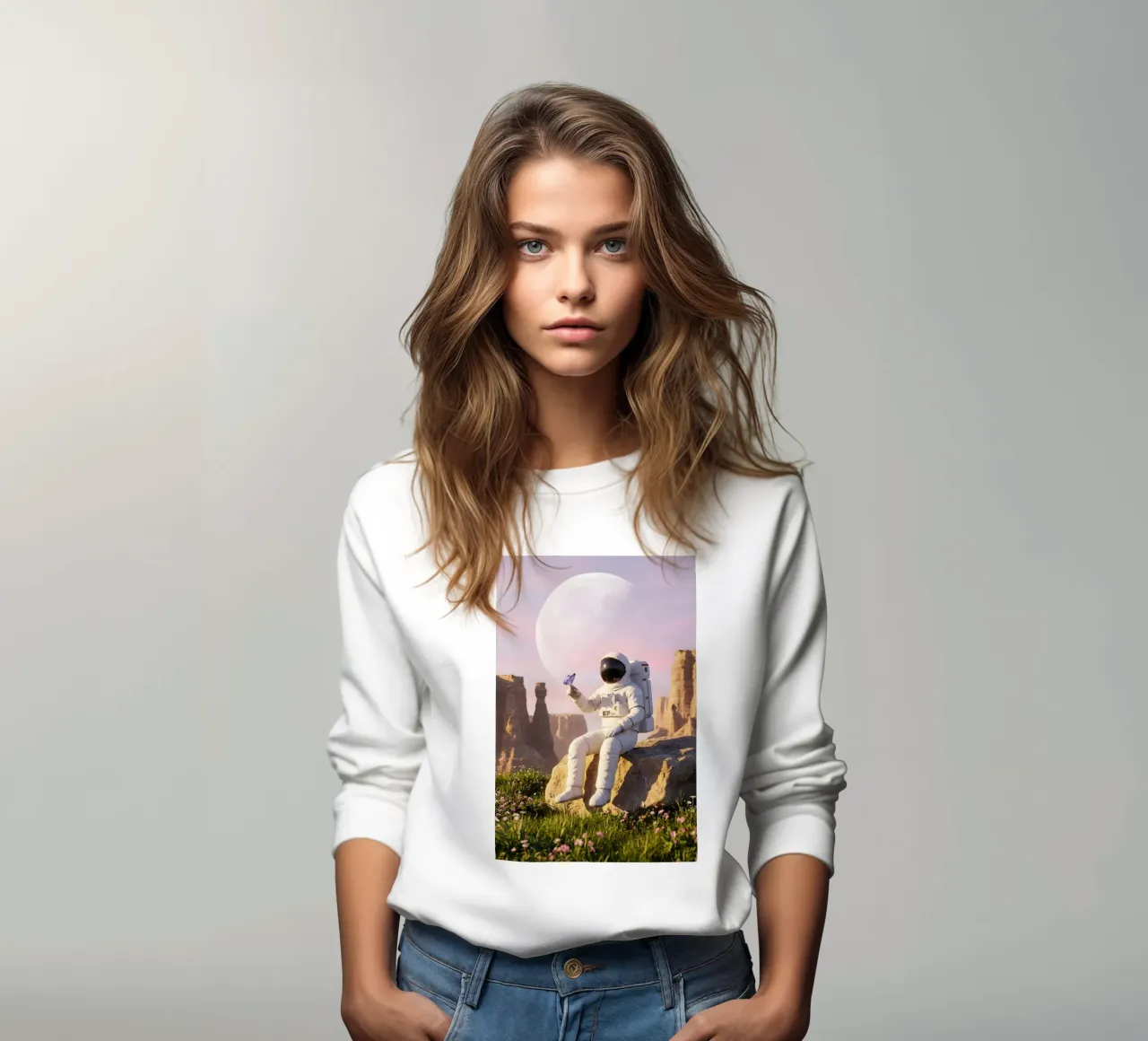 Astronauta con in mano una farfalla in un paesaggio alieno da sogno felpa da Cosmic Reverie Creations