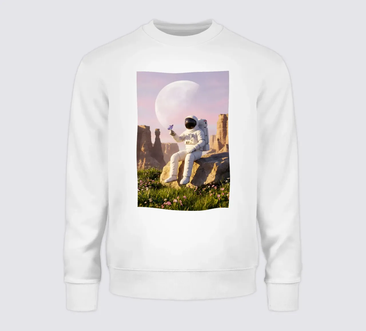 Astronauta con in mano una farfalla in un paesaggio alieno da sogno felpa da Cosmic Reverie Creations