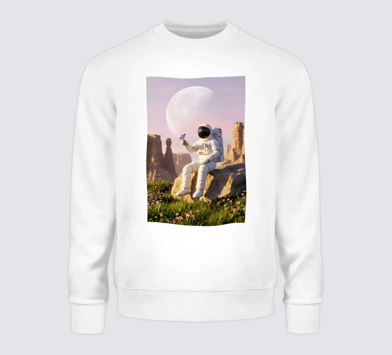 Astronauta con in mano una farfalla in un paesaggio alieno da sogno felpa da Cosmic Reverie Creations