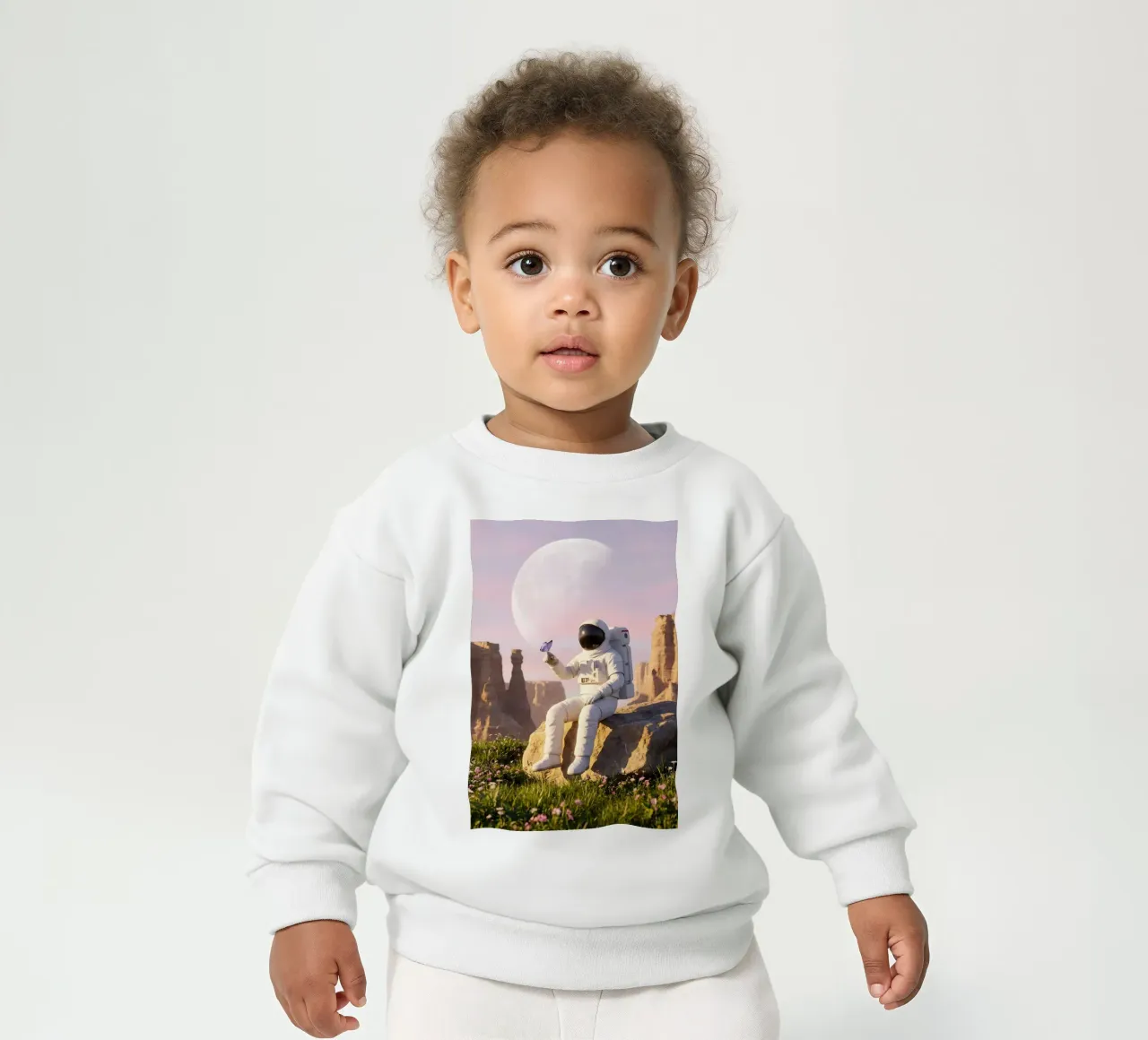 Astronauta con in mano una farfalla in un paesaggio alieno da sogno felpa neonato da Cosmic Reverie Creations