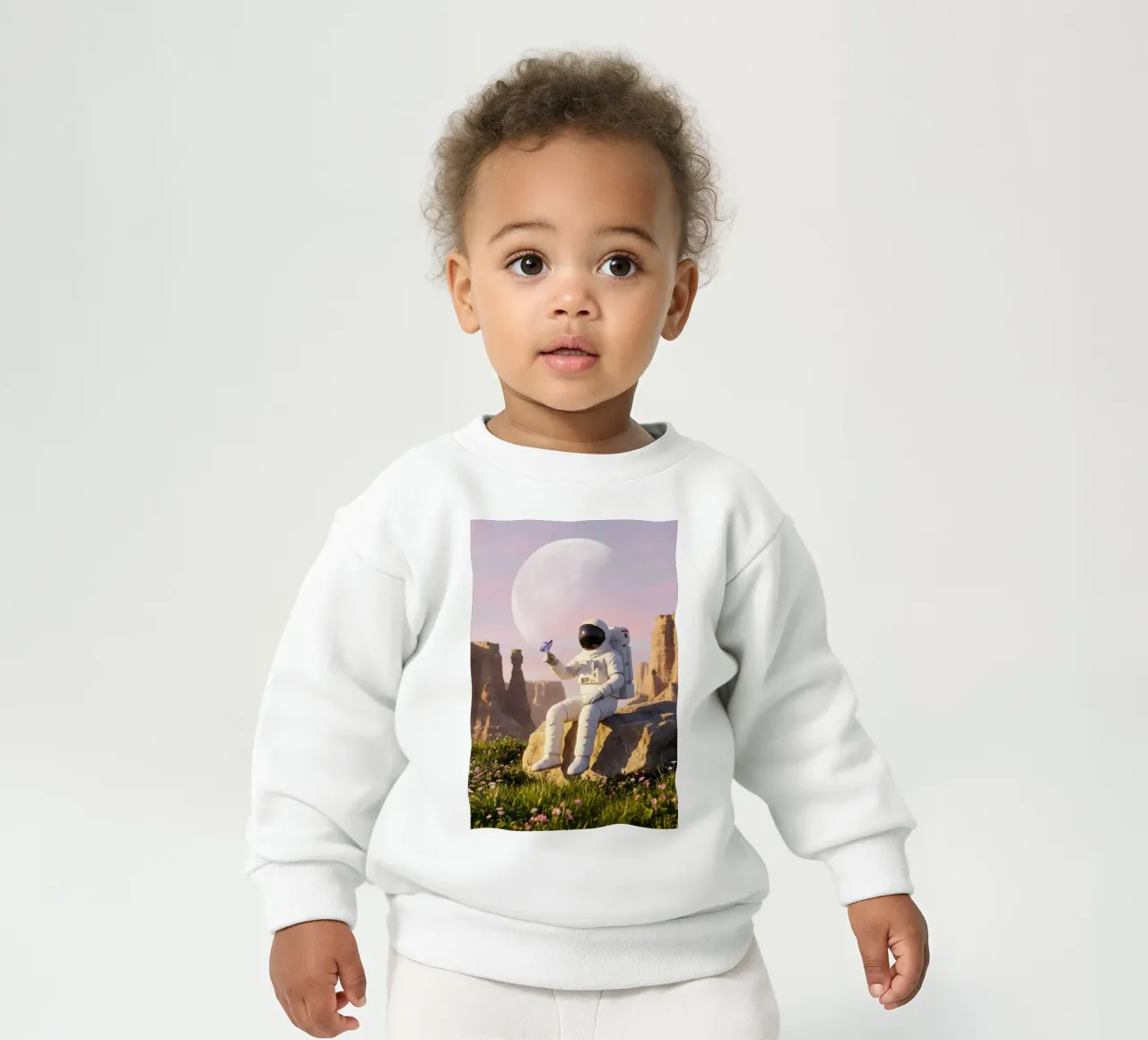 Astronauta con in mano una farfalla in un paesaggio alieno da sogno felpa neonato da Cosmic Reverie Creations