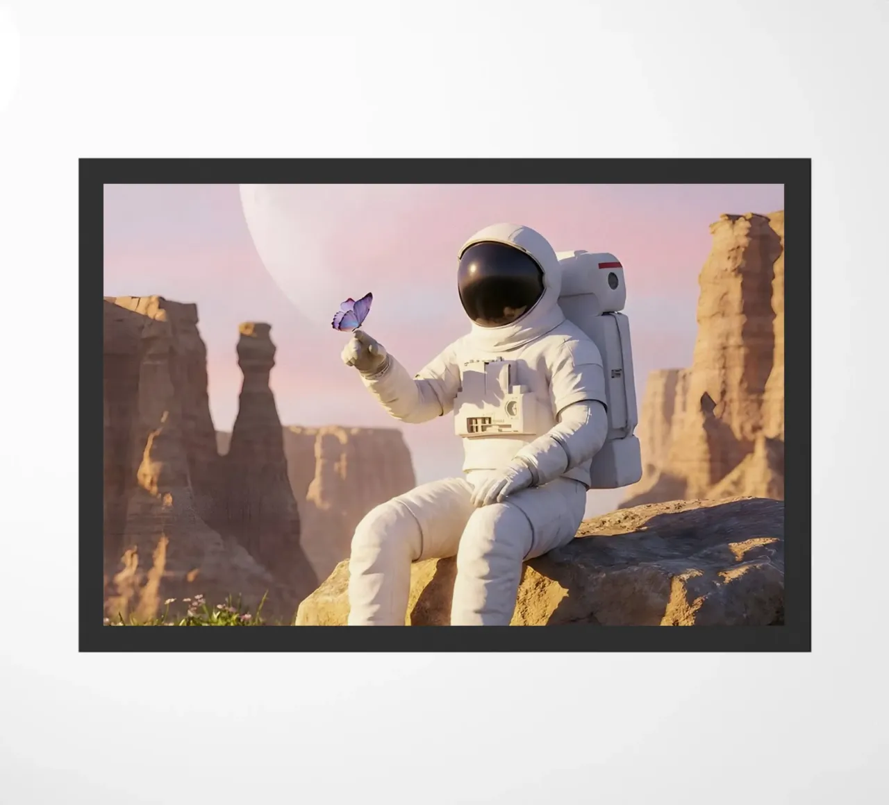 Astronauta con in mano una farfalla in un paesaggio alieno da sogno zerbino da Cosmic Reverie Creations