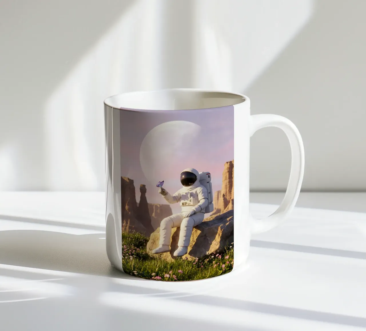 Astronauta con in mano una farfalla in un paesaggio alieno da sogno tazza in ceramica da Cosmic Reverie Creations