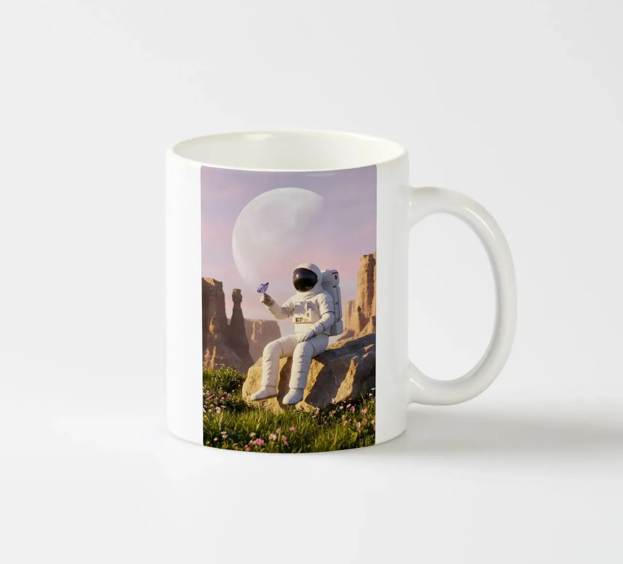 Astronauta con in mano una farfalla in un paesaggio alieno da sogno tazza in ceramica da Cosmic Reverie Creations