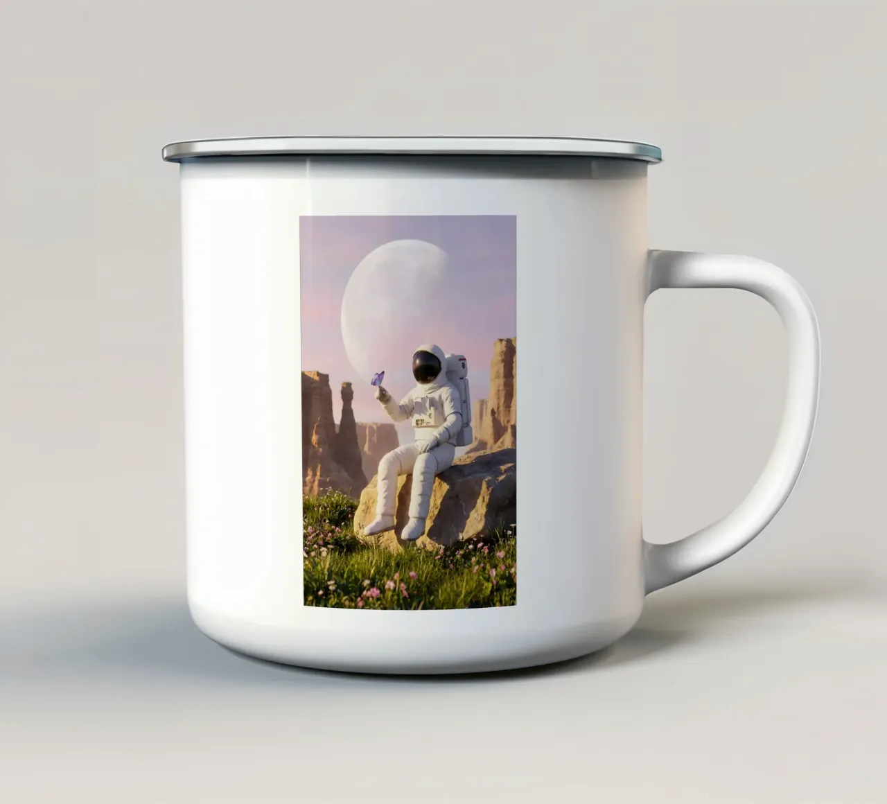 Astronauta con in mano una farfalla in un paesaggio alieno da sogno tazza in smalto da Cosmic Reverie Creations