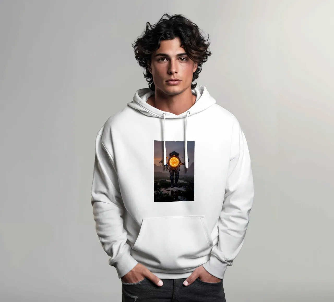 Un astronauta tiene in mano un sole vivente in un surreale regno cosmico felpa con cappuccio da Cosmic Reverie Creations