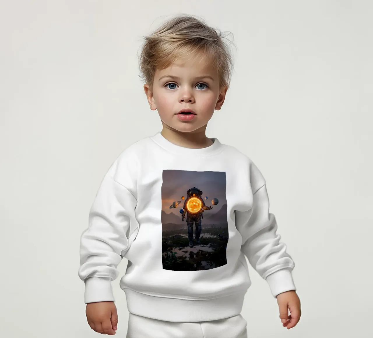 Un astronauta tiene in mano un sole vivente in un surreale regno cosmico felpa neonato da Cosmic Reverie Creations