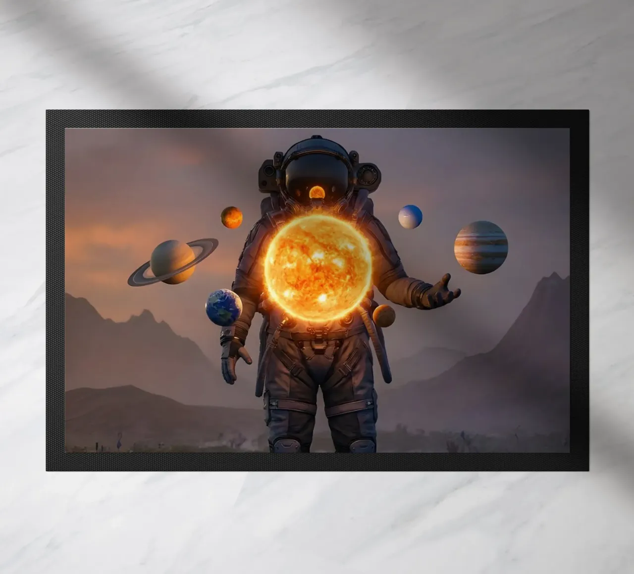 Un astronauta tiene in mano un sole vivente in un surreale regno cosmico zerbino da Cosmic Reverie Creations